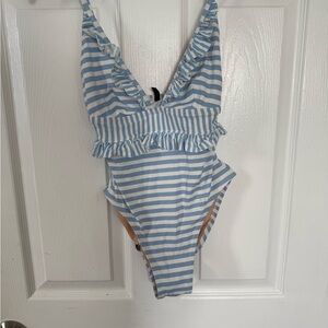J. Crew Blue and White Striped Ruffle One-Piece Swimsuit